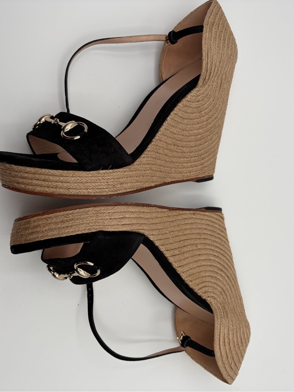 Gucci Horsebit Kid Suede Espadrille Wedge Sandals Black Size 40 - Picture 5 of 9